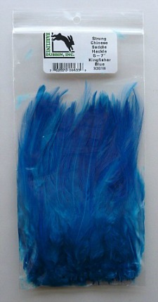 Stung Saddle Hackle dyed a bright blue