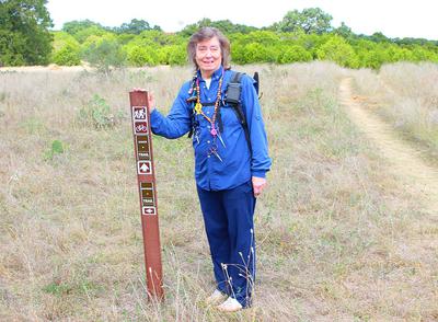 Robin hiking the Bauer Unit at Guadalupe River State Park